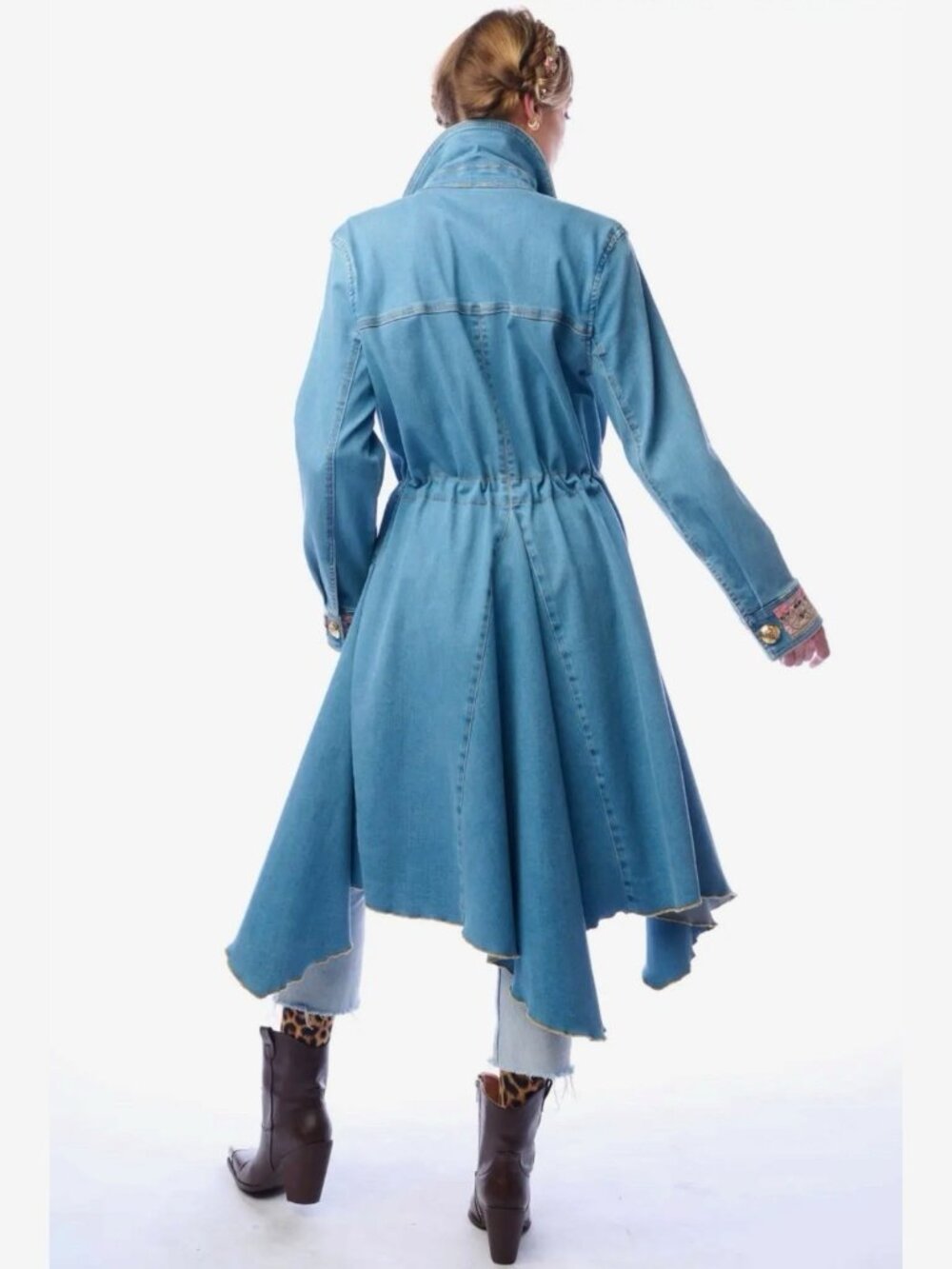 Aratta Monte Carlo Denim Hi-Low Long Coat Blue Decorative Brooch Size S M L - Picture 5 of 15